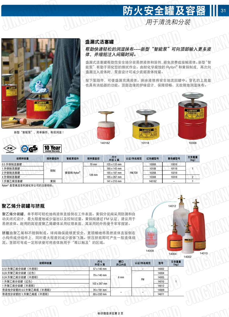 美國杰斯瑞特，JUSTRITE，活塞安全罐，盛漏式活塞罐，化學(xué)品分裝罐，